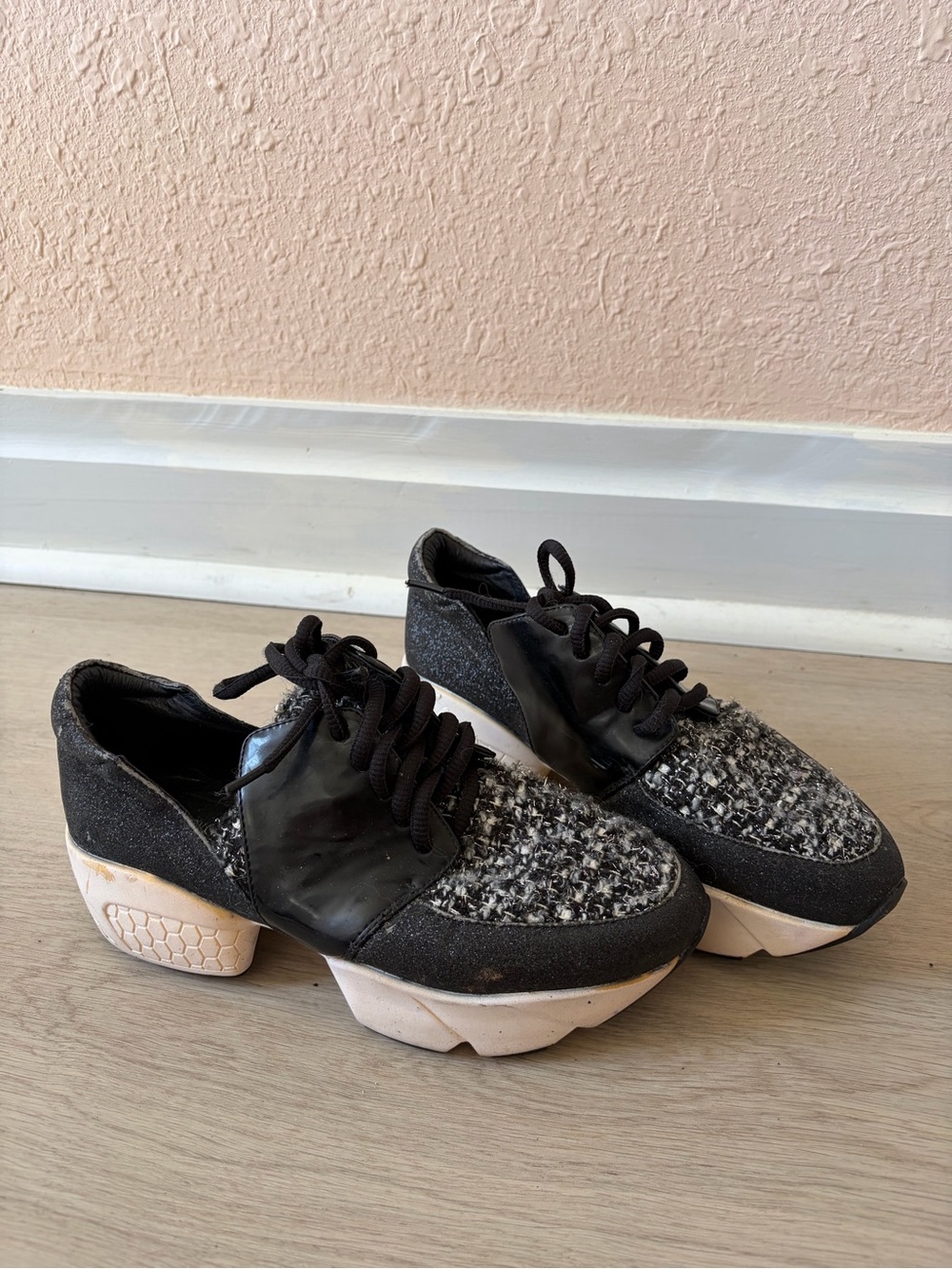 Jeffrey Campbell Black Tweed Platform Lace-Up Sneakers with Cream Sole